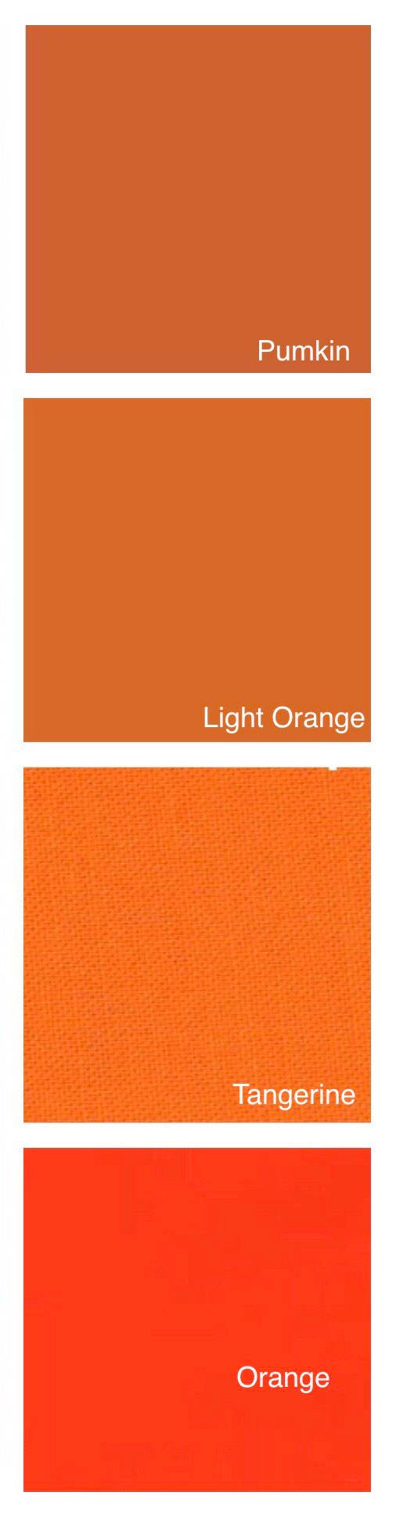May include: A vertical image showcasing four blocks of orange hues. The top block is a muted pumpkin color, followed by light orange, textured tangerine, and vibrant orange at the bottom. Each block has a color name in white text.