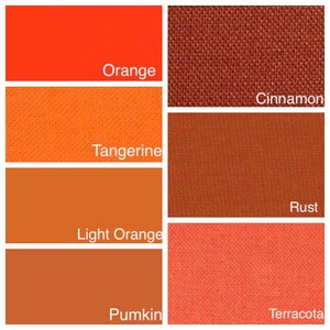 May include: A color palette featuring swatches of orange, tangerine, light orange, pumpkin, cinnamon, rust, and terracotta. Each swatch is labeled with its corresponding color name in white text.