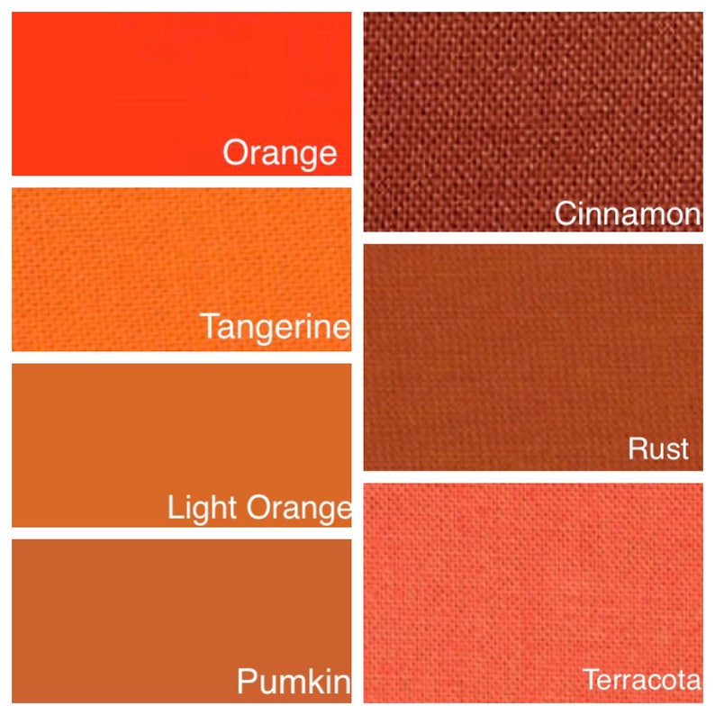 May include: A color palette featuring swatches of orange, tangerine, light orange, pumpkin, cinnamon, rust, and terracotta. Each swatch is labeled with its corresponding color name in white text.