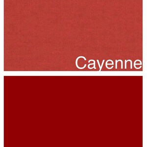 May include: Two color swatches, one a light reddish brown labeled "Cayenne" and the other a deep red labeled "Red".
