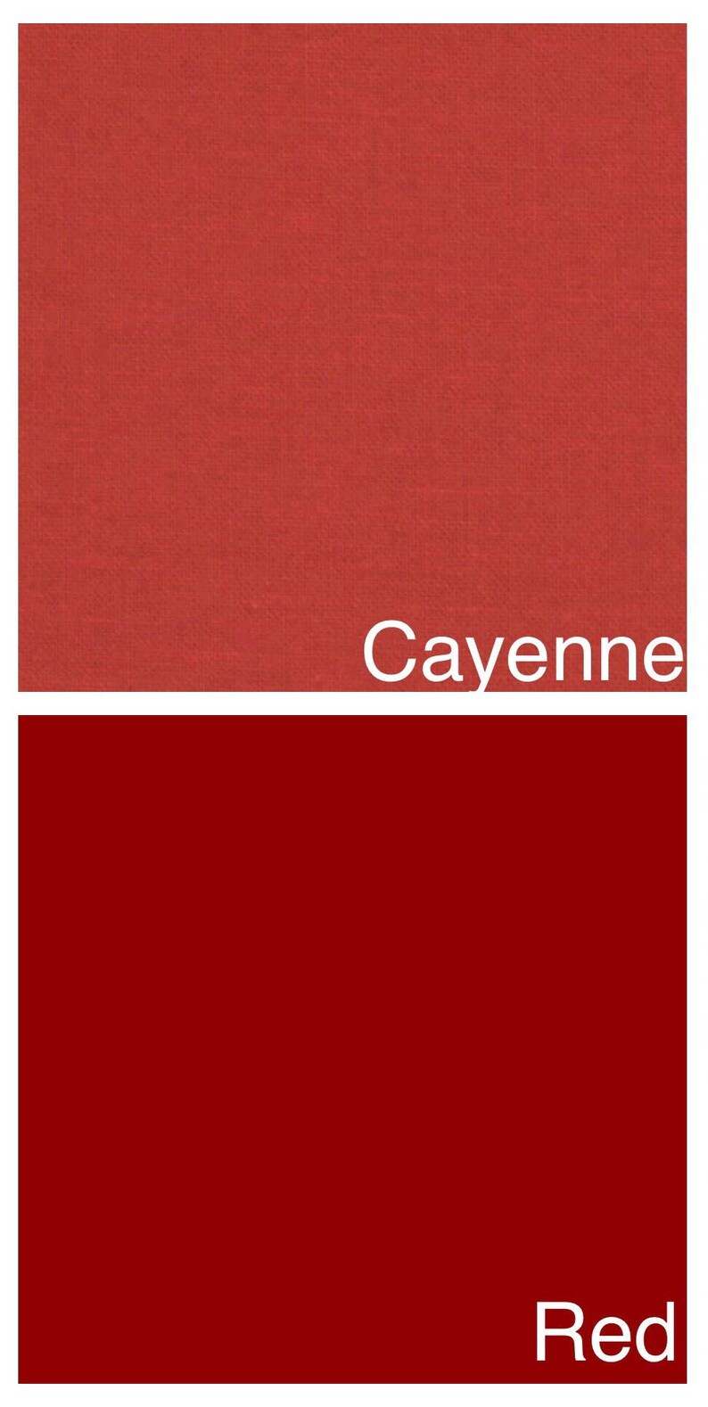 May include: Two color swatches, one a light reddish brown labeled "Cayenne" and the other a deep red labeled "Red".