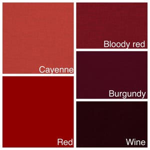 May include: Four fabric swatches in different shades of red. From left to right: cayenne, red, burgundy, and bloody red.