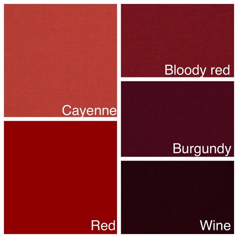 May include: Four fabric swatches in different shades of red. From left to right: cayenne, red, burgundy, and bloody red.