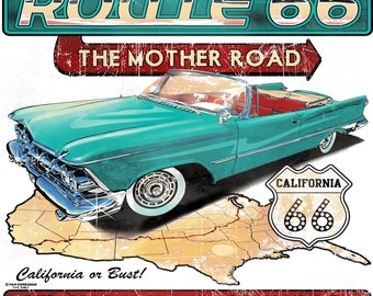 Route 66 The Mother Road California or Bust Classic Car T-shirt 100% Cotton  S-XXXL