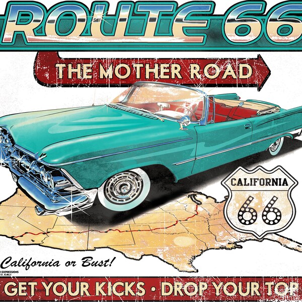 Route 66 The Mother Road California or Bust Classic Car T-shirt 100% Cotton  S-XXXL