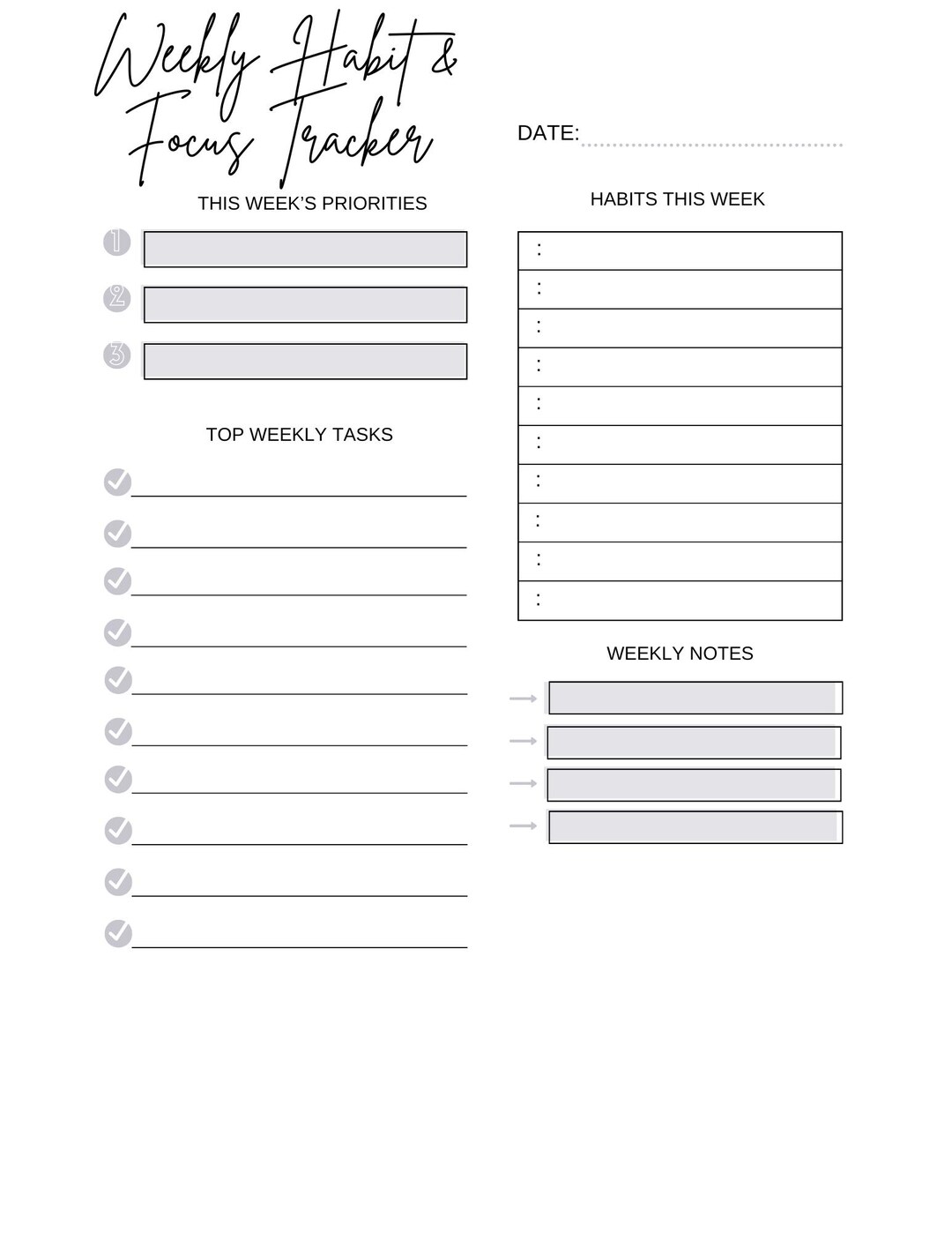 Weekly Habit & Focus Tracker Printable | Minimal Weekly Routine Planner ...