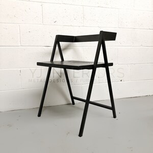 All black Walker dining chair with scooped wooden seat, handcrafted by YJ Interiors