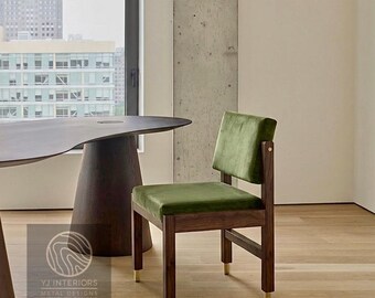 Kodi Chair in Walnut and Moss Green Velvet - Dining Chair with Brass Hardware