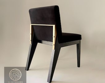 YJ Dining Chair Black Velvet with Brass Detail | Modern Handmade Accent Chair