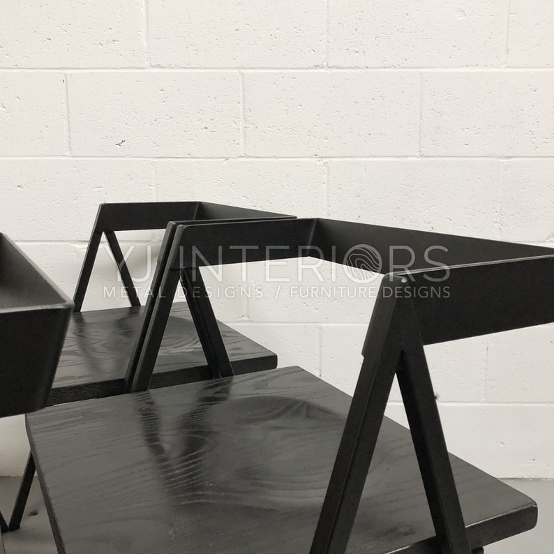 All black Walker dining chair with scooped wooden seat, handcrafted by YJ Interiors