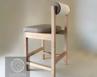 Tabouret de bar Rody : chêne blanchi et chaise de bar bouclé