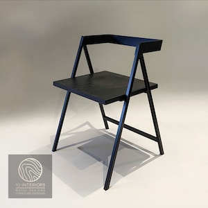 All black Walker dining chair with scooped wooden seat, handcrafted by YJ Interiors