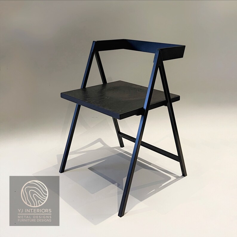 All black Walker dining chair with scooped wooden seat, handcrafted by YJ Interiors