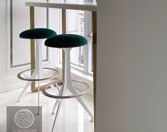 Orbit Counter & Bar Stool – Velvet or Leather, Brass Hardware, White or Black Metal Frame