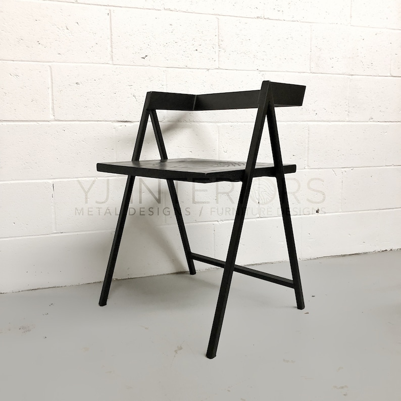All black Walker dining chair with scooped wooden seat, handcrafted by YJ Interiors