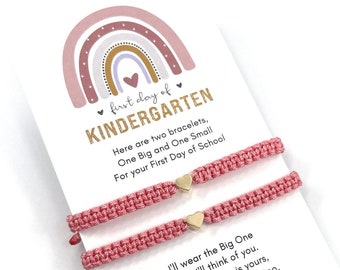 First Day of Kindergarten Mommy and Me  Matching Bracelets, Gold Heart Charm, Braided Bracelet, Adjustable, Waterproof