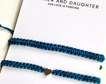Father and Daughter Bracelet Set – Matching Black Bracelets with Silver Heart Charm, Our Love is Forever, Gift for Dad and Daughter
