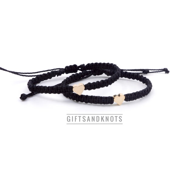 Matching Couple Bracelets: Black Macrame With Gold Heart Charm