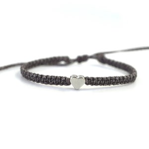 Gray Ribbon Silver Heart Awareness Bracelet, Braided Macrame, Adjustable Waterproof