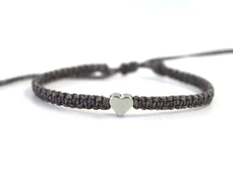 Gray Ribbon Silver Heart Awareness Bracelet, Braided Macrame, Adjustable Waterproof