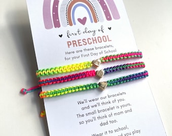 Family Matching Bracelets, First Day of Preschool, Heart Charm, Waterproof, Mom Dad Me