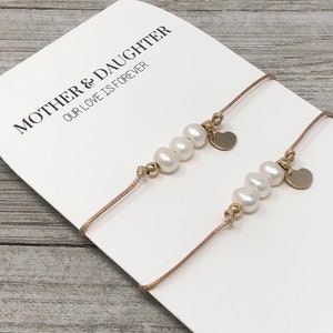 Mère et fille, ensemble de bracelets pour mère et fille, perles d'eau douce et coeurs remplis d'or, cadeau pour la fête des mères
