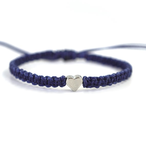 Navy Blue Bracelet Silver Heart Macrame Braided
