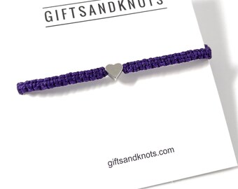 Silver Heart Bracelet Dark Purple Linhasita Rope