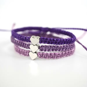 Purple Shades Silver Heart Bracelet Set – Adjustable Friendship Stackable Stacking Bracelets for Women, Girls. Dark Purple, Lavender, Lilac