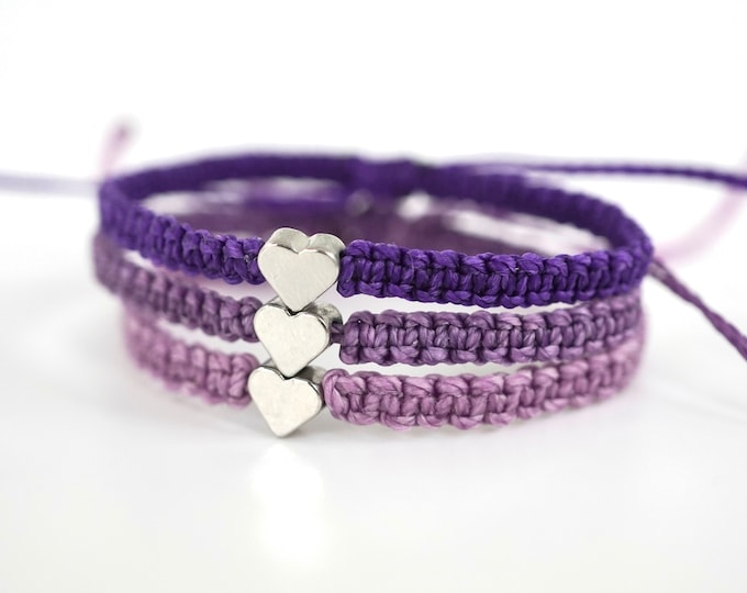 Purple Shades Silver Heart Bracelet Set, Adjustable Friendship Stackable Bracelets for Women, Girls. Dark Purple, Lavender, Lilac