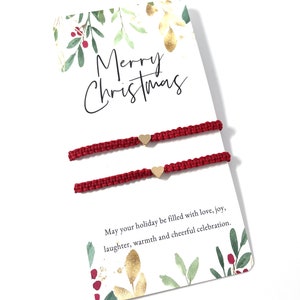 Christmas Matching Bracelet Set for Couples, Mom & Daughter, or Best Friends, Red Heart Bracelets, Holiday Gift on Merry Christmas Card