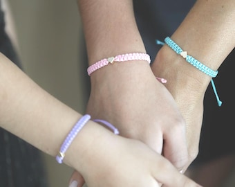 Friendship Bracelets, Family Matching Bracelets, Gold Hearts, Coral, Pink, Seagreen, Purple, Pink, Gold.