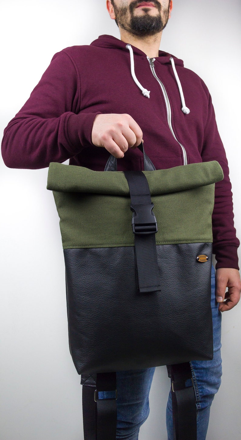 Faux leather rolltop backpack and PRE-ORDER fabric