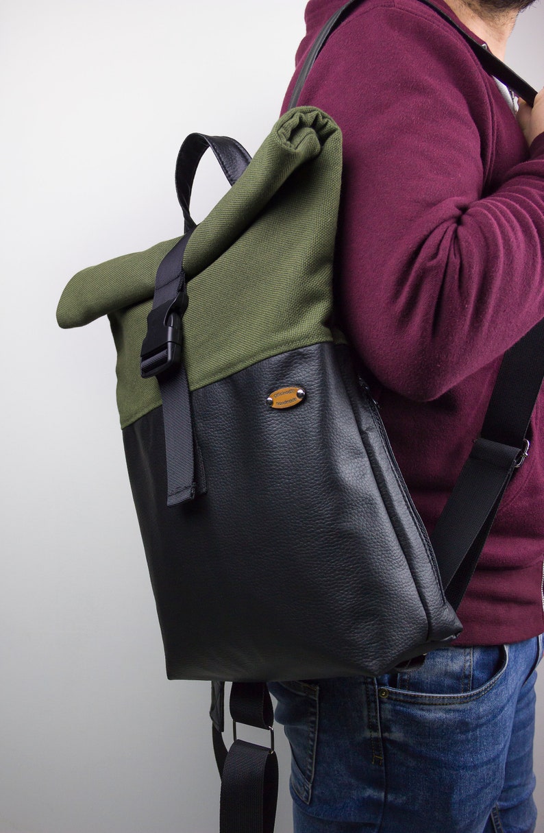 Faux leather rolltop backpack and PRE-ORDER fabric