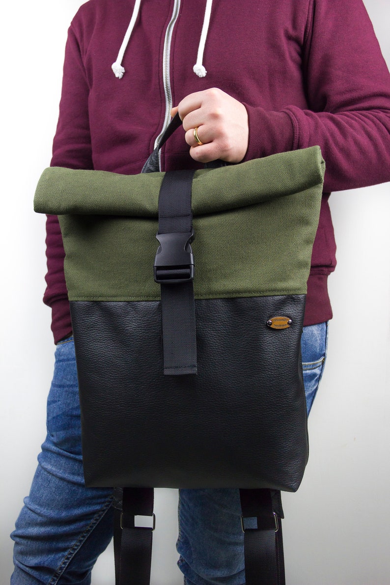 Faux leather rolltop backpack and PRE-ORDER fabric