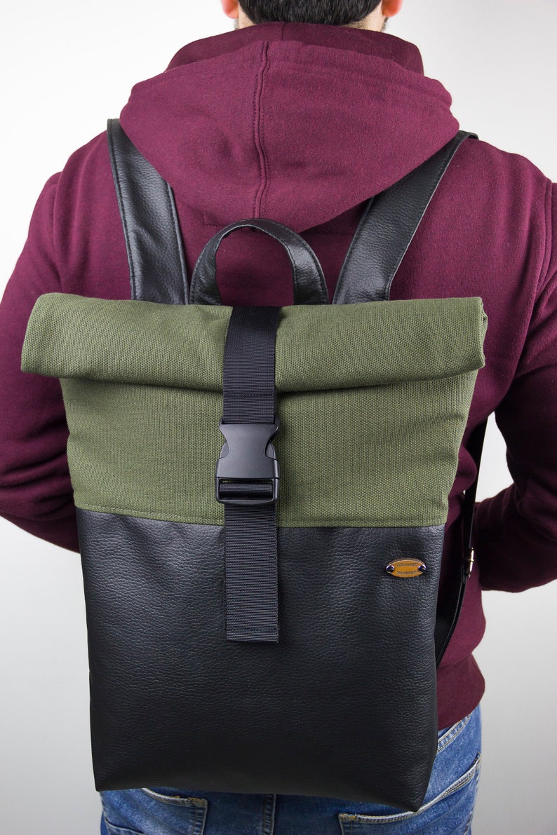 Faux leather rolltop backpack and PRE-ORDER fabric