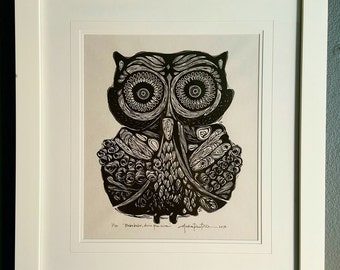 ORIGINAL OWL LINOCUT - linoleum blockprint - handprinted