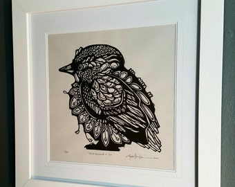 ORIGINAL BIRD LINOCUT - linoleum blockprint - handprinted