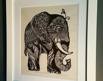 ORIGINAL ELEPHANT LINOCUT - linoleum blockprint - handprinted