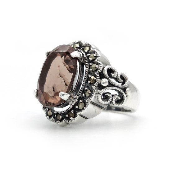 Smoky Quartz and Marcasite 925 Silver Ring, Size 8 - image 6
