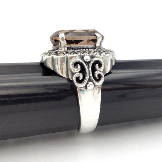 Smoky Quartz and Marcasite 925 Silver Ring, Size 8 - image 4