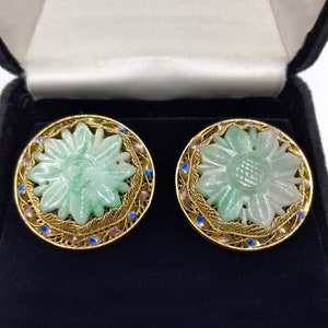 Vintage Chinese Silver Gilt Filigree and Carved Jade Earrings with Cloisonne Enamel Accents