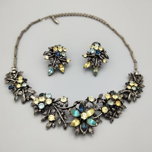 Coro Vintage Signed Multi Color Rhinestone Necklace and Earring Set