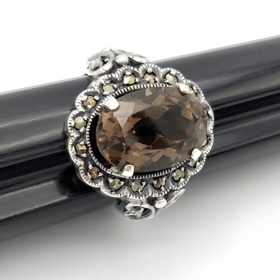 Smoky Quartz and Marcasite 925 Silver Ring, Size 8 - image 7