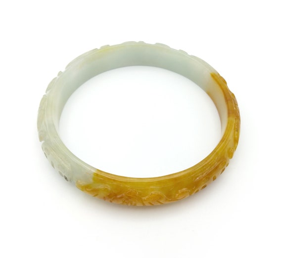 Vintage Pale Green and Yellow Brown Carved Jade Bangle Bracelet