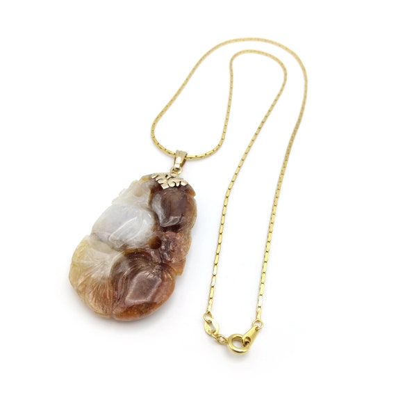 Brown and White Carved Jade 14K Gold Pendant Neck… - image 1