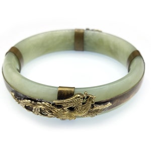 Light Green Jade Bangle Bracelet with Dragon and Phoenix Brass Clad Overlay
