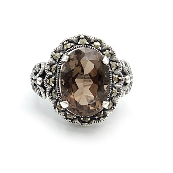 Smoky Quartz and Marcasite 925 Silver Ring, Size 8 - image 2
