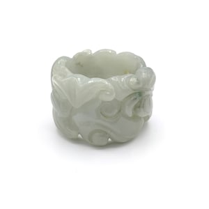 Large Thick Carved Light Translucent Jade Ring with Gourd, Clouds and Lucky Bat Symbols