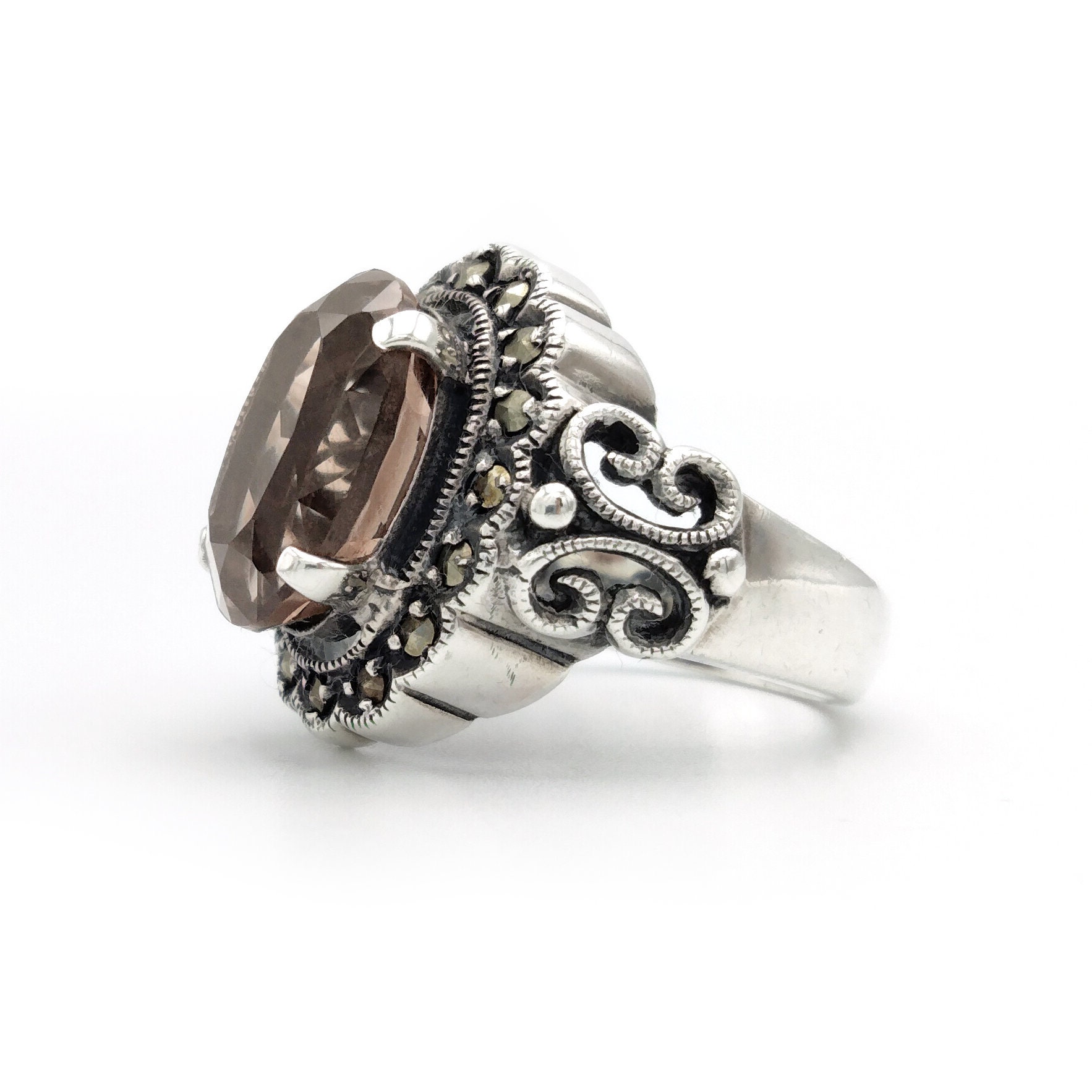 Bague Ancienne Argent Massif 925 - Marcassite, Quartz Fumé, Onyx - Taille 52, Occasion, Origine France